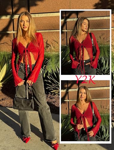Image of Avidlove Women Mesh Crop Top Y2K Tie Front Tops Rave Top Sheer Cardigan Sexy V Neck Outfits S-2XL