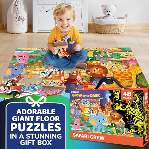 QUOKKA Floor Puzzles for Kids Ages 4–8 – 2x3 FT Giant Glow in The Dark Jigsaw – 48 Large Pieces – African Animal Safari Scene – Montessori Toy with Gift Box – Fun Learning Activity