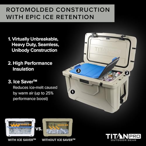Image of Titan PRO High Performance Ice Chest - 55 Quart Capacity - Hard Cooler with Interior LED Light, Dry Bin, Ice Saver Performance Booster and Microban Protection - Driftwood Tan