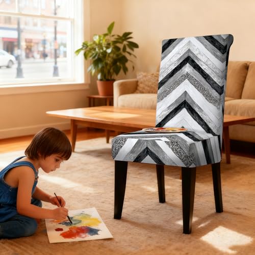 Image of Nuxovilar 4PCS Black White Chevron Geometric Stretch Chair Covers | Stretch Slipcover Modern Protector Chevron Wrap Seat Guard Dining Room Living Cafe Space (Chevron Pattern)
