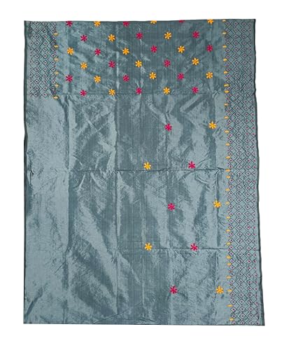 Image of SHRISTI CLOTHINGS Women's Hand Embroidered Cotton Silk Kantha Stitch Saree with Blouse Piece (J420924 GREYD48)