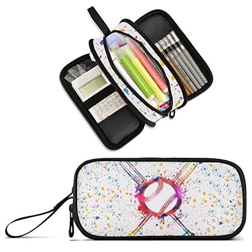 Image of Baseball Large Capacity Pencil Case Pencil Pouch Pen Box | 3 Compartment Large Storage Pencil Bag for Adults School Office Teen Girl Boy Men Women