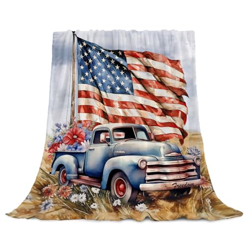 Image of YeeJu Patriotic Throw Blanket Queen Size Big 4th of July Memorial Day Fourth of July Blanket Bed Couch Soft Fleece Blanket Stars and Stripes Red White Blue American Flag Veteran Blanket 90x90