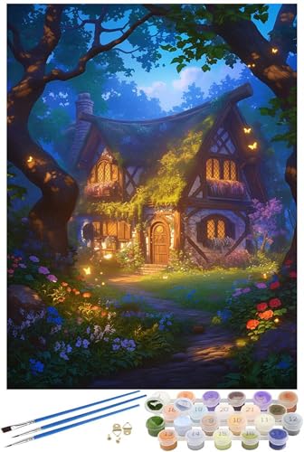 cabane dans les arbres Peinture par Numéros pour Adultes, vue de nuit Peinture Numero Adulte Loisirs Créatifs, Peinture Numero avec Combinaisoncadre+Pinceaux+Peintures+Lmages Référence+60x90cm -2717