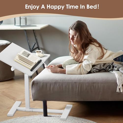 Image of Laptop Desk Bedside Table with Wheels Laptop Stand for Couch Adjustable Tv Tray C End Table, Mobile Sofa Snack Table with Tiltable Top, White
