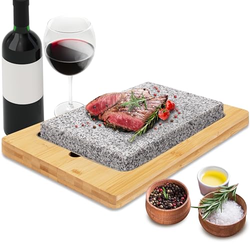 NutriChef Sizzle Hot Cooking Stone Grill with Bamboo Platter Tabletop Granite Stone Grill with Non-Slip Handles Adjustable Temperature Control 550F Max Heat - Perfect for Meats and Vegetables