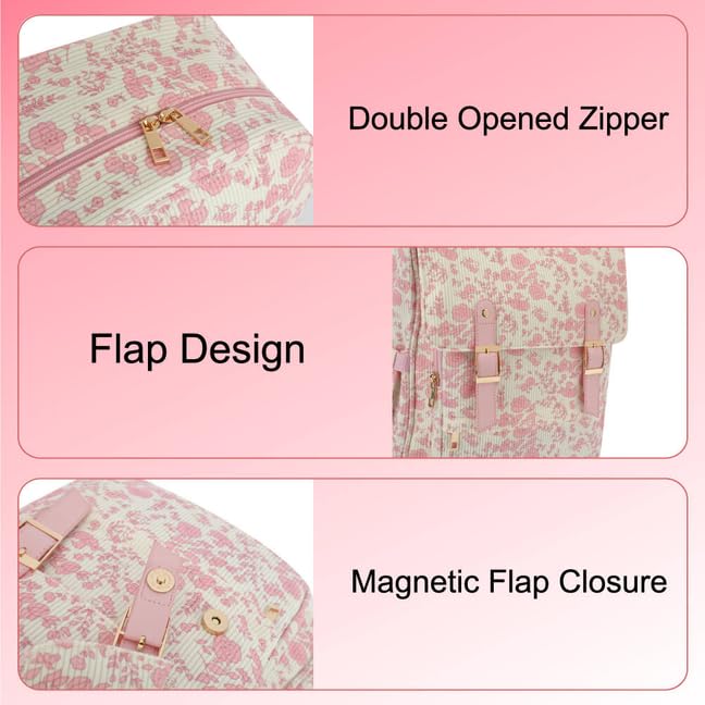 Image of Women Laptop Backpack, Corduroy 15.6 inch Travel Backpack for Work College Business, Teacher Nurse Bag with Large Capacity School Bookbag Bags for Girls - Flowers Pink