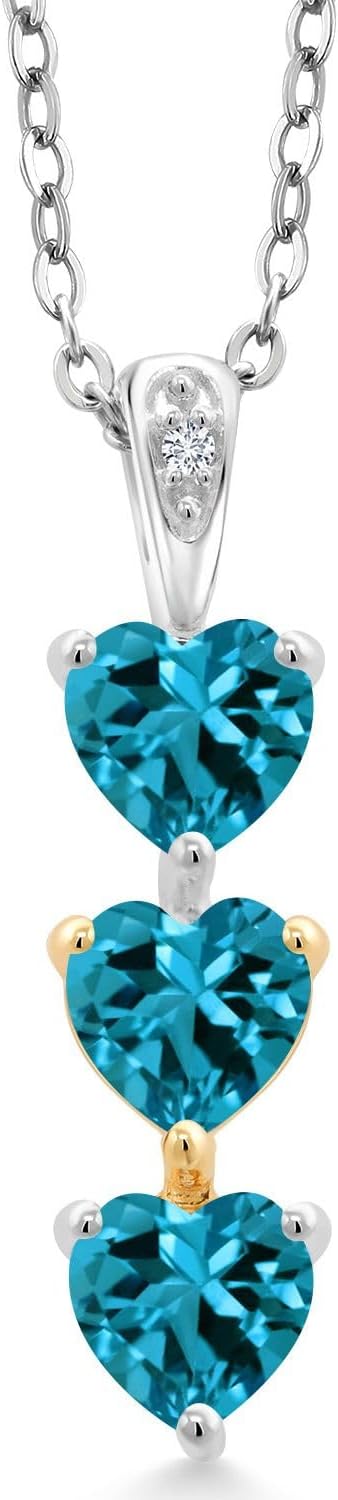 Gem Stone King 925 Silver and 10K Yellow Gold London Blue Topaz and Lab Grown Diamond 3 Stone Heart Shape Pendant Necklace For Women By Keren Hanan (1.66 Cttw, with 18 Inch Chain0