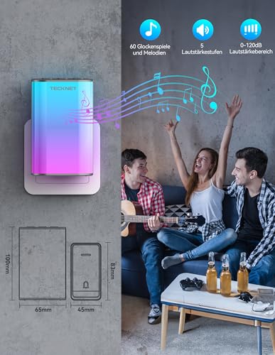 TECKNET Türklingel Batterielose, Steckdosen-Funkklingel mit EU-Steckdose und RGB Licht, IP65 Wasserdicht Funk Türklingel, Kabellose Türklingel, Klingel Haustür mit 60 Melodien 5 Lautstärkestufen, 400m