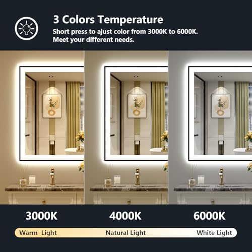 Image of 40x36 Inch LED Bathroom Mirror with Lights (Front Lit and Backlit) Black Framed Lighted Vanity Mirror for Bathroom Wall Dimmable Anti-Fog Memory Tempered Glass Horizontal /Vertical