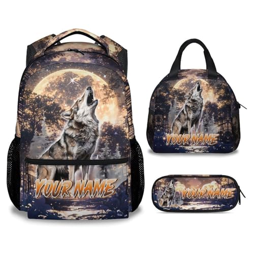 Personalized School Backpack Sets for Kids - Set of 3 Elementary Wolf Schoolbag Matching Combo - Boys Bookbag and Pencil Case Bundle