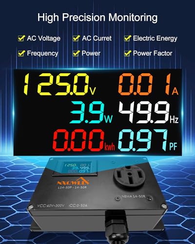 Image of 50A AC Power Meter, L14-30P to NEMA 14-50R Outlet Monitor for Generator, 240V LCD Display Digital Multimeter Tester, 30A to 50A Multifunction Energy Monitor