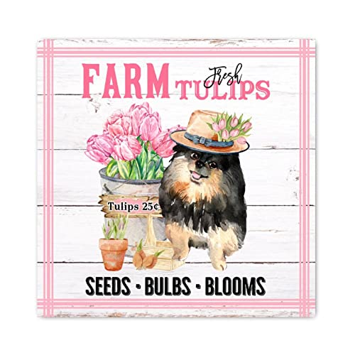 Panneau en bois Farm Fresh Flower Market avec tulipes roses et chien Hovawart 40x40 cm