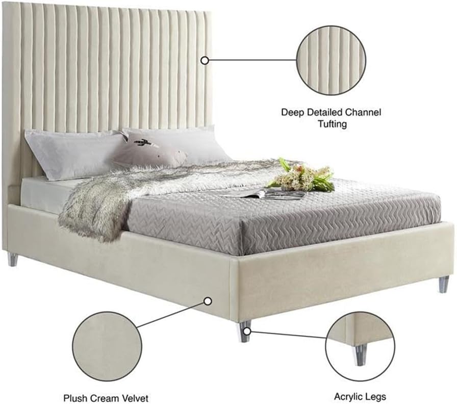 Meridian Furniture CandaceCream-K Candace Collection Modern | Contemporary Velvet Upholstered King Bed, Cream Velvet Fabric, Deep Channel Tufting, Acrylic Legs, 80" W x 86" D x 65" H, Cream, King