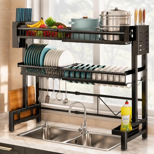 Image of COMFYHOME Over Sink Dish Drying Rack for Kitchen- 2-Tier Carbon Steel Kitchen Organizer with Utensil Holder & Cutting Board Slot - Expandable Length 23.6 inch-39.3 inch(Black)