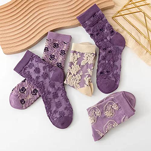 Image of DXYAKY 5 Pairs Womens Floral Cotton Socks Vintage Patterned Crew Socks Novelty Ankle Ruffled Warm Casual Dress Socks