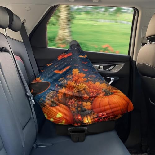 Image of Wanyint Baby Car Seat Cover Car Seat Canopy for Babies Boys Girls, Multi-Use Infant Breastfeeding Covers Nursing Scarf Halloween Decoration, Black Cat Witch Pumpkin Bat