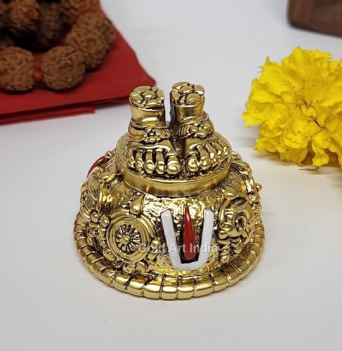 Image of Gold Art India Lord Balaji Charan Paduka 24 kt Gold Matte Finish Vishnu Charan Paduka for Pooja Room /Balaji for car Venkateswara Swamy Feet with Shanku Chakra Namam Best Gifting (Gold Plated 2 Inch)