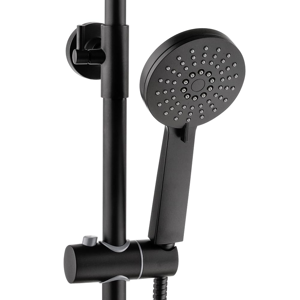 Colonna Doccia Regolabile H 115 Cm In Acciaio Inox Nero Opaco Completa Di Soffione, Doccetta Monogetto, Miscelatore Meccanico Con Deviatore A Due Vie E Flessibile 150 Cm