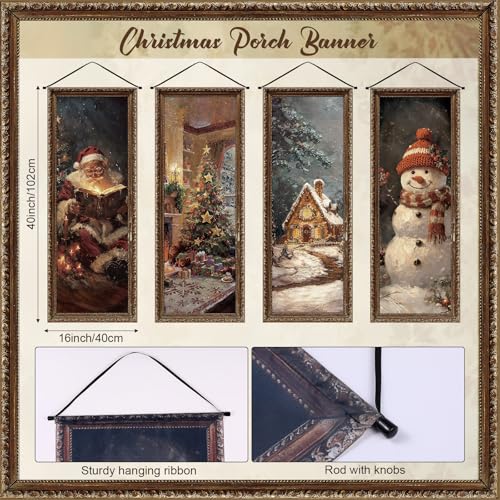 Image of Panelee 4 Pcs Vintage Christmas Porch Banners Retro Snowman Santa Winter Rustic Xmas Tree Stretching Portraits Wall Decorations Christmas Porch Sign Backdrop for Xmas Indoor Outdoor Wall Hanging Decor