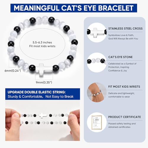 TempBeau Game Day Bracelet for Boys Girls, Black White Cat's Eye Beaded Stretch Cross Bracelet, Team Spirit Jewelry for Football Baseball Cheerleading - image 5