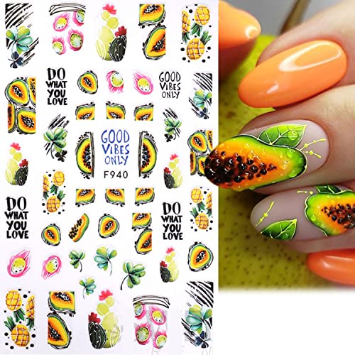 Summer Nail Art Stickers Lemon Nail Stikers 3D Self-Adhesive Fruit Nail Art Dcoration Supplies Lemon Strawberry Watermelon Orange Kiwifruit Papaya Summer Adorable Nail Deisgn For Women Girls Manicute #TOP1