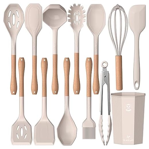 Kitchen Utensils Set- 13 Pcs Cooking Utensils with Tongs, Spoon Spatula &Turner Made of Heat Resistant Food Grade Silicone and Wooden Handles Kitchen Gadgets Tools Set for Nonstick Cookware (Khaki)