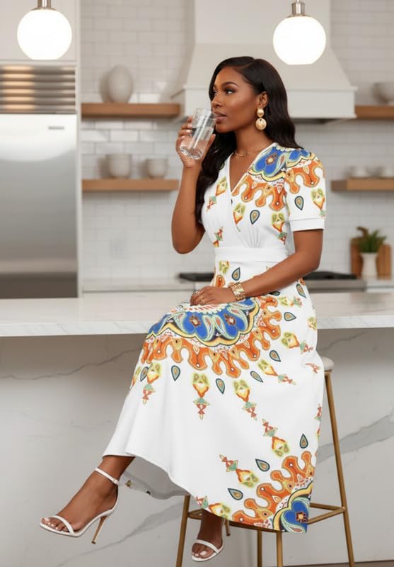 Image of MarryUP Women's Midi Dresses - V Neck Cocktail & Church Tea Dresses - Short Sleeve A-Line Swing Dress