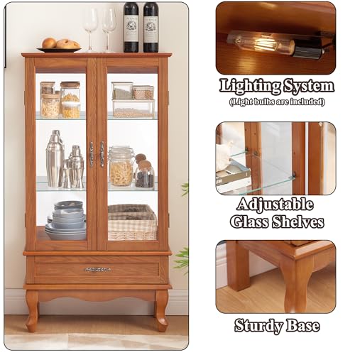 Image of 49 inch H Lighted Curio Cabinet Display Case, Glass Curio Cabinet with Adjustable Shelves,Tempered Glass Door and Drawer, Wooden Cabinets w /Mirrored Back Pane for Living Room (Oak)