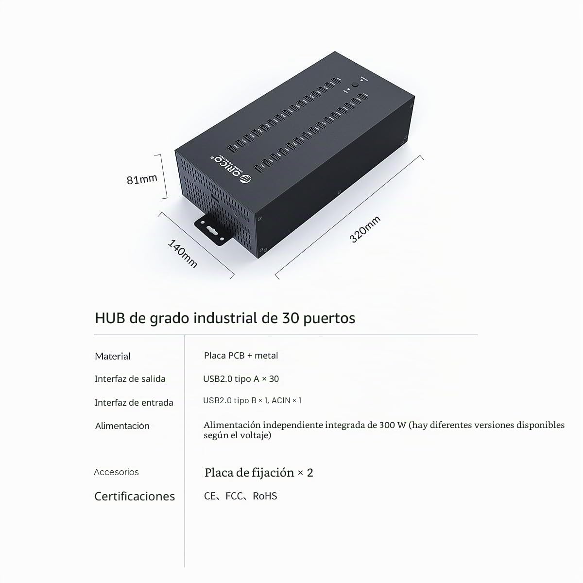 ORICO Industrial USB Hub, 30 Puertos montable 300W Powered USB 2.0 Hub Grado Industrial, la Caja Full Metal, de Alta Velocidad de Transferencia de Datos