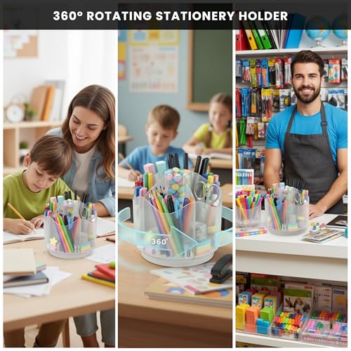Image of Spinning Desk Caddy Organizer Clear | 360 Rotating Desk Organizer Acrylic Pen Holder & Marker Organizers | 6 Slots Rotating Organizer & Spinning Organizer for Shops, Classroom, Vanity, Desk