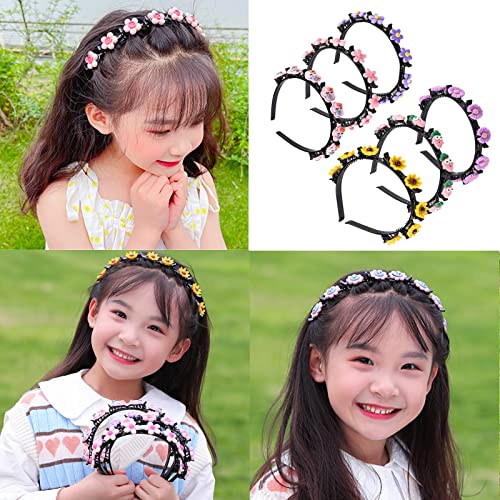 6 Pieces Girl Sweet Princess Hairstyle Hairpin Double Layer Flower Headbands with Clips Cartoon Twist Plait Hair Tools Double Bangs Braided Headband Headdress Hair Accessories for Teens Girl