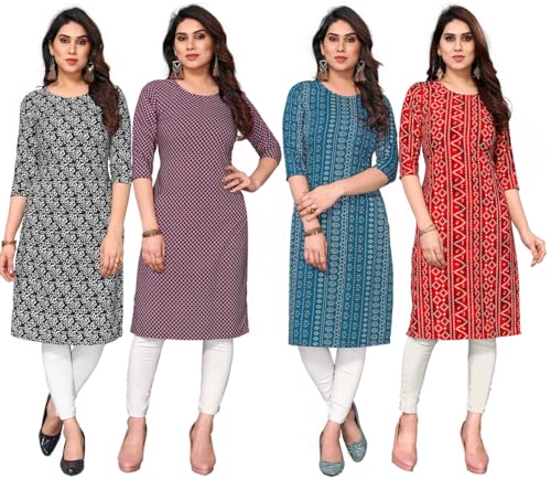 Image of JAKHANA Women's Crepe Printed Casual Straight Calf Length Round Nick Kurta Pack of 4