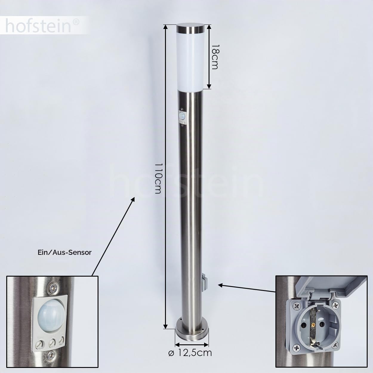 HOFSTEIN Wegeleuchte Sessa, Außenwegeleuchte mit Bewegungsmelder und Steckdose aus Metall/Kunststoff in Nickel-matt/Weiß, moderne Außenleuchte für Garten, Außenbereich, Hof, Terrasse, 110cm, E27, IP44