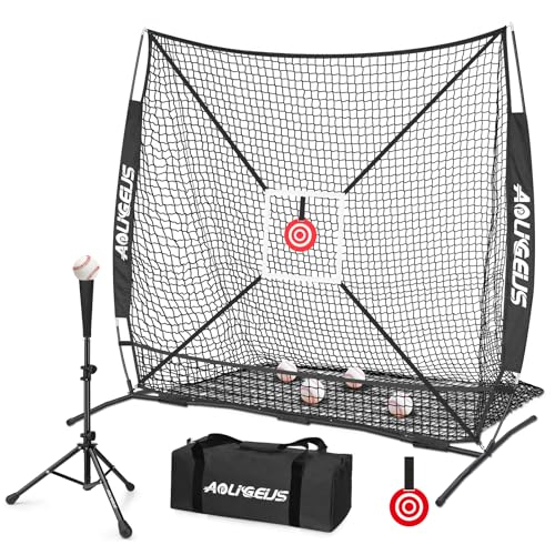 AOLIGEIJS 6X6 Baseball Softball Practice Net Pitching Net Batting Net with Baseball Tee Bonus Strike Zone Target and Bow Frame for Hitting Pitching Catching