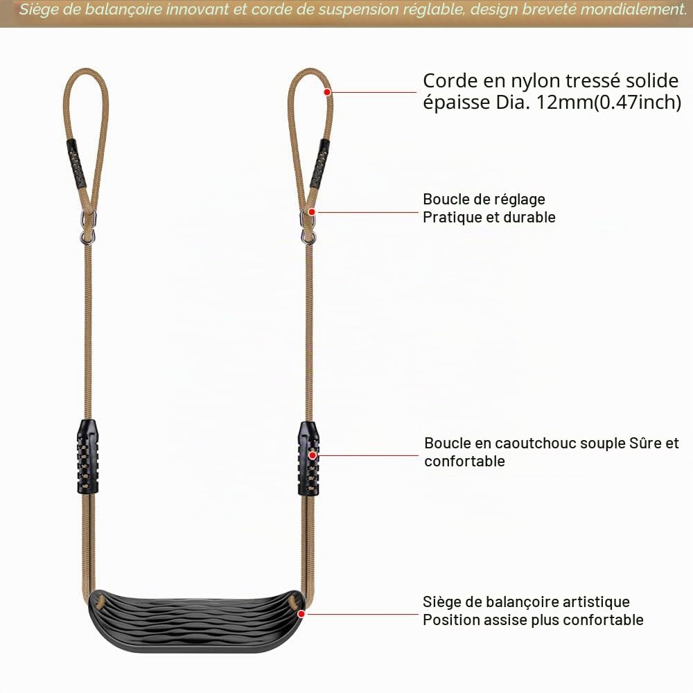 SELEWARE Siège de Balançoire en Plastique, Balançoire Antidérapante avec cCorde Réglable et 2 Mousquetons, Accessoire pour Balançoire d'aire de Jeux pour Enfants, Noir