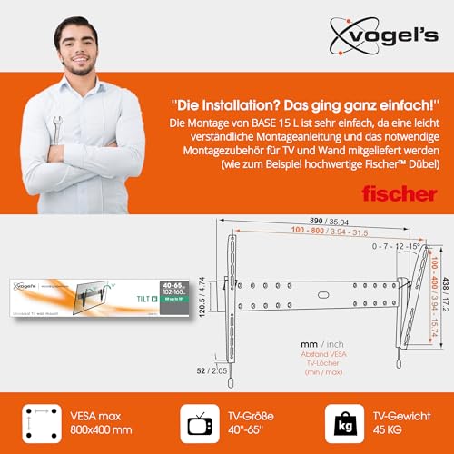 Vogel's Base 15L neigbare TV Wandhalterung für 40-65 Zoll Fernseher, Max. 45 kg, Halterung auch für LCD, LED, QLED und OLED Fernseher… – Ansicht 5