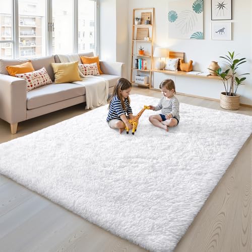 OLANLY Area Rugs for Living Room Bedroom, Machine Washable 4x5.9 ft Soft Fluffy Shaggy Bedside Rug, Indoor Floor Carpet for Kids Girls and Boys, Dorms, Nursery Rooms, Home Decor Aesthetic, White
