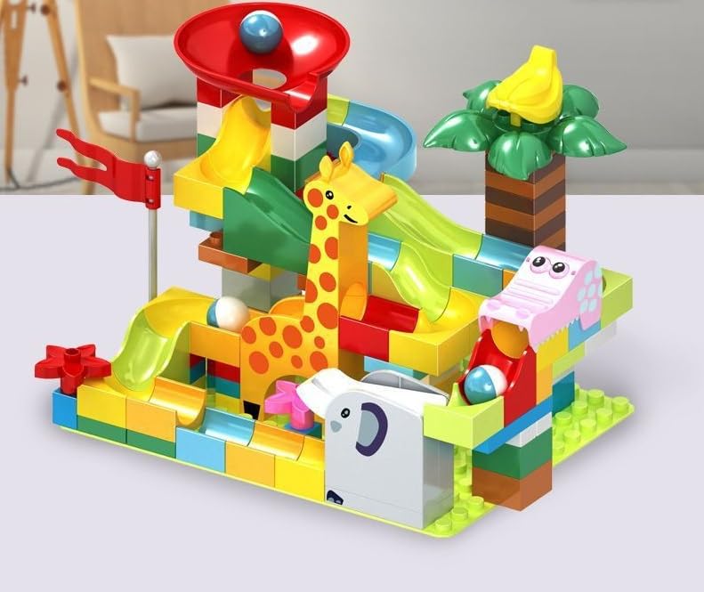 Trinovex Marble Run Building Blocks Animal Set, 120-Piece, for Children Age 3,4,5,6,7,8,9 Years, Fun and Interactive Marble Runs Maze Game