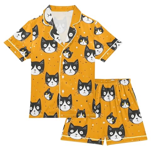 ALAZA Cat Cartoon Orange Pajamas Satin Pajama Set Short Sleeve Button Down Sleepwear