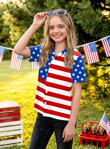 Image of BesserBay Unisex Kids 4th of July Shirt Girls Boys Patriotic Button Down Shirt American Flag Top 4-14 Years