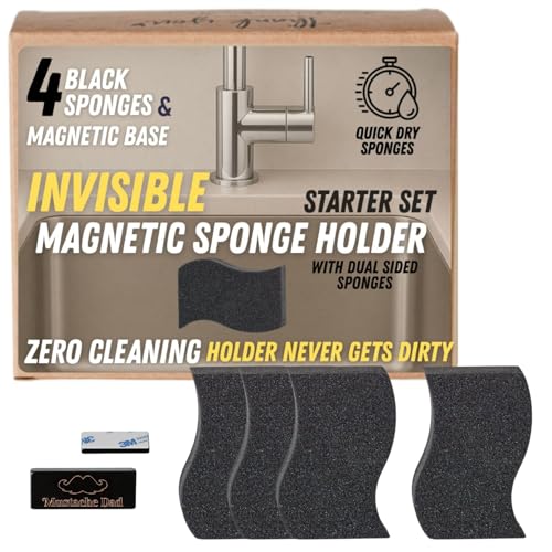 Invisible Magnetic Sponge Holder for Kitchen Sink Caddy with Magnetic Sponge Set 4 Dual-Sided Large Magnet Dish Scrubber (Clutter Organizer) by Mustache Dad