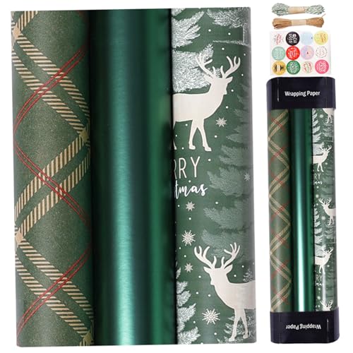 Papier d'emballage Noël résistant anti-déchirure avec 3 rouleaux de papier cadeau 17x118 pouces