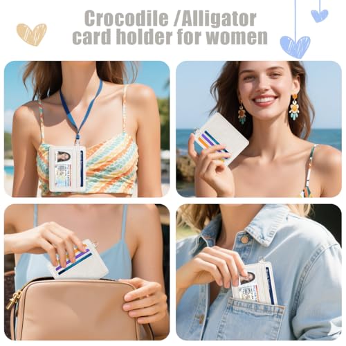 Image of Slim Credit Card Holder Crocodile Wallet Women Thin Wallets | Alligator Print RFID Blocking Minimalist Lightweight Pocket Small Cute Cards Holders ID Window, Beige Croc