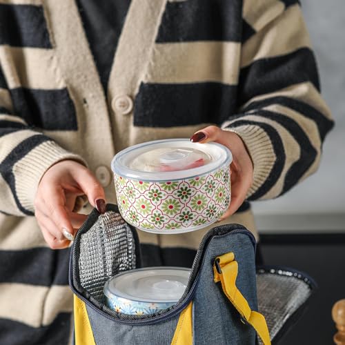 Chubacoo Ceramic Bowls Set with Lid: Microwave Safe Soup Containers for Meal Prep, Cereal, Salad, Picnic, Camping, Office Lunch, Kitchen Food Storage - 5 Inch, 20 oz, 4 PCS, Design C by Chubacoo - Image 5