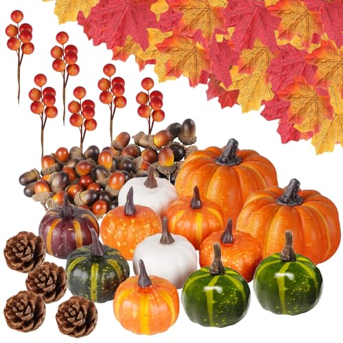 Aniepaa Decoración Otoño Set 162 Pcs, Calabazas Decorativas Mesa con Hojas Artificiales Hojas Arce Bellotas Piñas, Calabazas Bayas Rojas para Otoño Decoracion Acción Gracias Halloween(Multicolor)