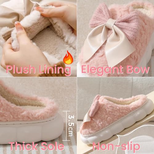 Cute Bow Slippers for Women, Womens Fuzzy Fluffy Cozy Indoor Outdoor House Slippers2