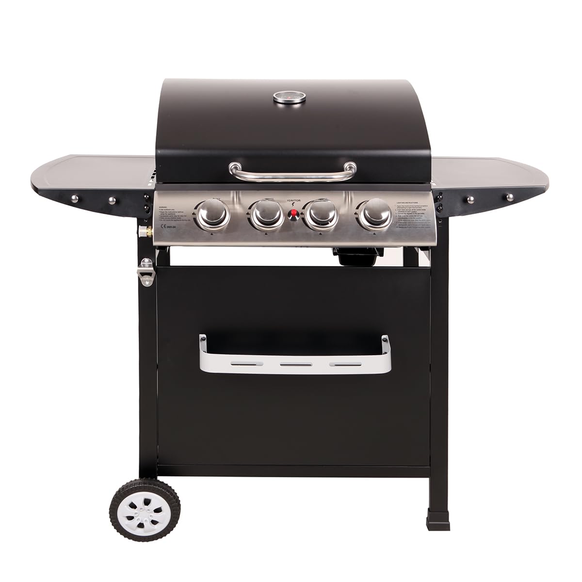 LOFOTEN - Barbecue Gaz 4 brûleurs - Puissance 12 kW - 118.5x57.5x104.5cm - Capot de fermeture avec thermomètre - 2 Grilles en acier chromé, 2 Etagères latérales, 1 Plateau bas - 2 Roues - Noir