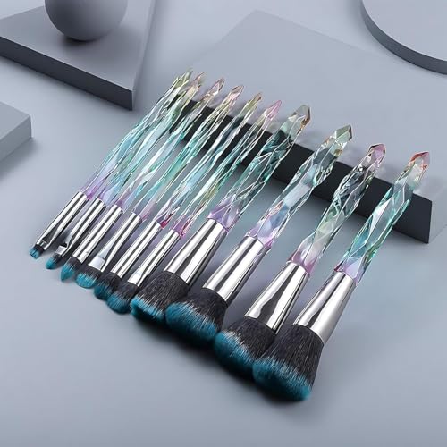 Image of Crystal Makeup Brush Set - 10 Piece Premium Synthetic Brushes with Iridescent Handles & Teal Bristles for Foundation, Blush, Eyeshadow, and Highlight - Professional Cosmetic Brushes Kit for Women & Girls