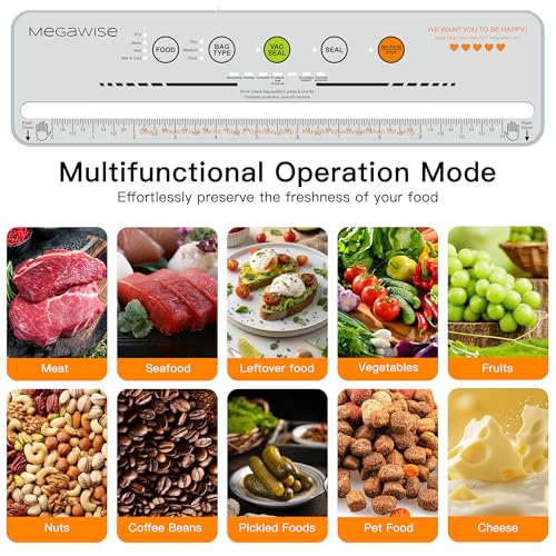 Image of MegaWise Vacuum Sealer Machine, 80kPa Food Sealer with One-Touch Vacuum & Seal, Built-in Cutter and Bags, 4 Food Modes for Food Storage, Meal Prep, Meat, Seafood and Vegetables, Silver